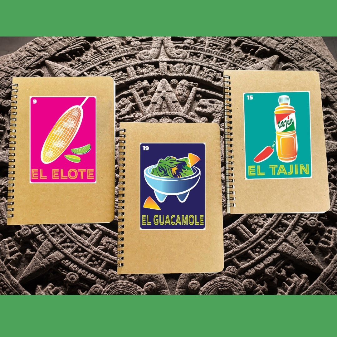 El Elote, El Guacamole, El Tajin Mexican Loteria Spiral Kraft cover A5 Journal sketch Notebook