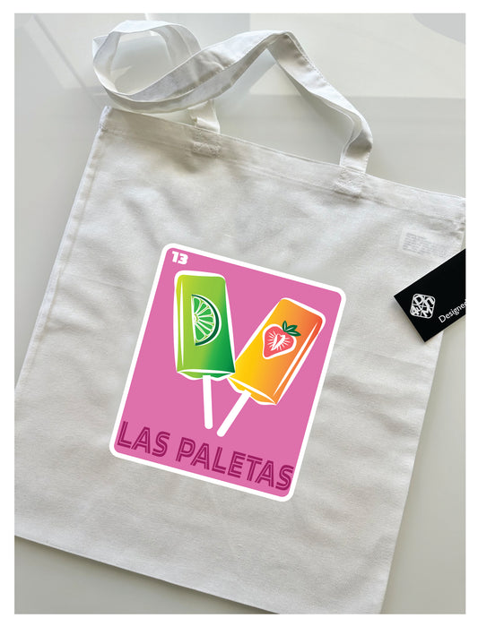 LAS PALETAS Mexican Loteria Tote Bag Cotton Reusable Shopping, Pool or Beach bag