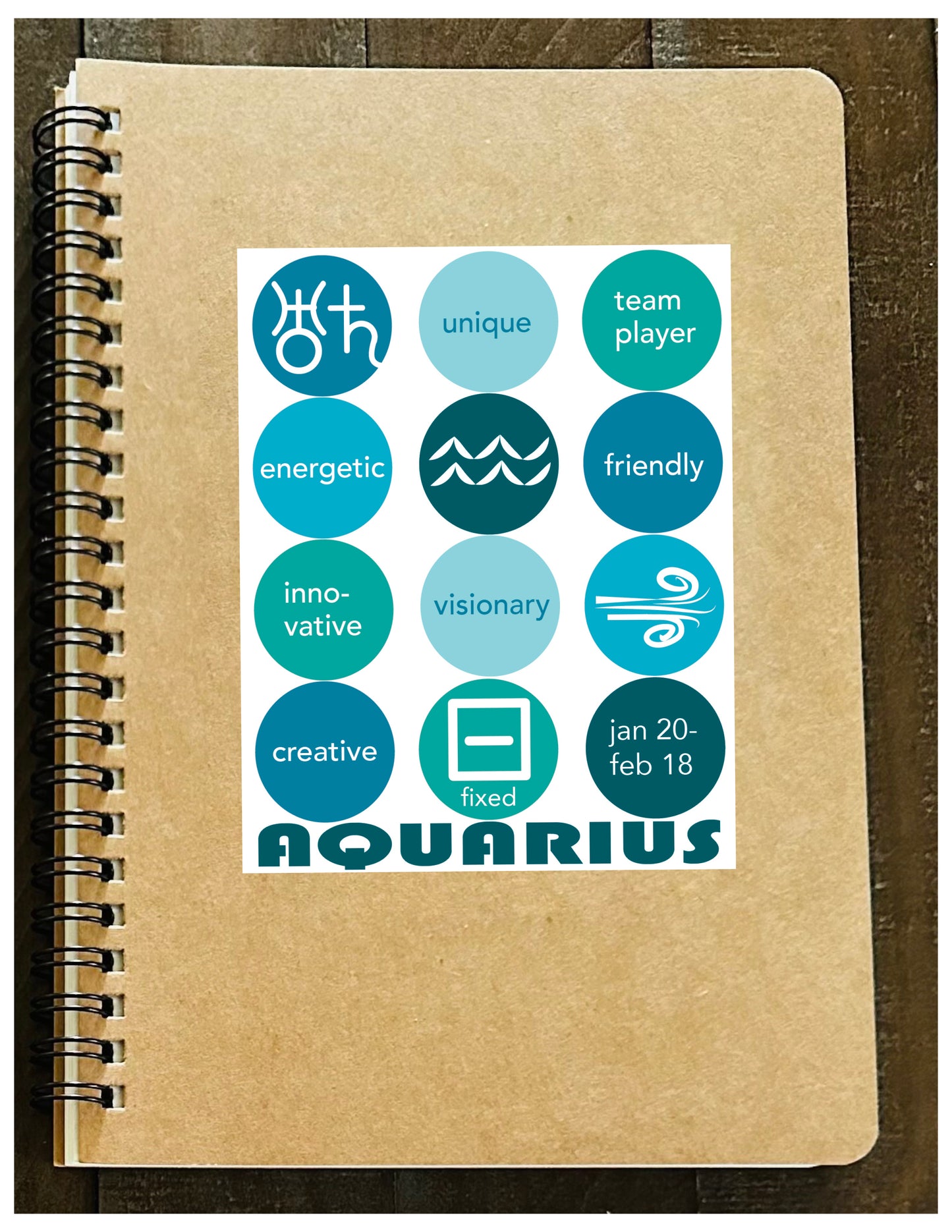 AQUARIUS Astrology Traits & Symbols Spiral Kraft A5 Notebook
