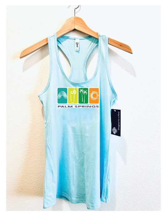 Blue Palm Springs Icon's Graphic Tank Top Women's Relaxed Lt Wt Cotton poly blend
