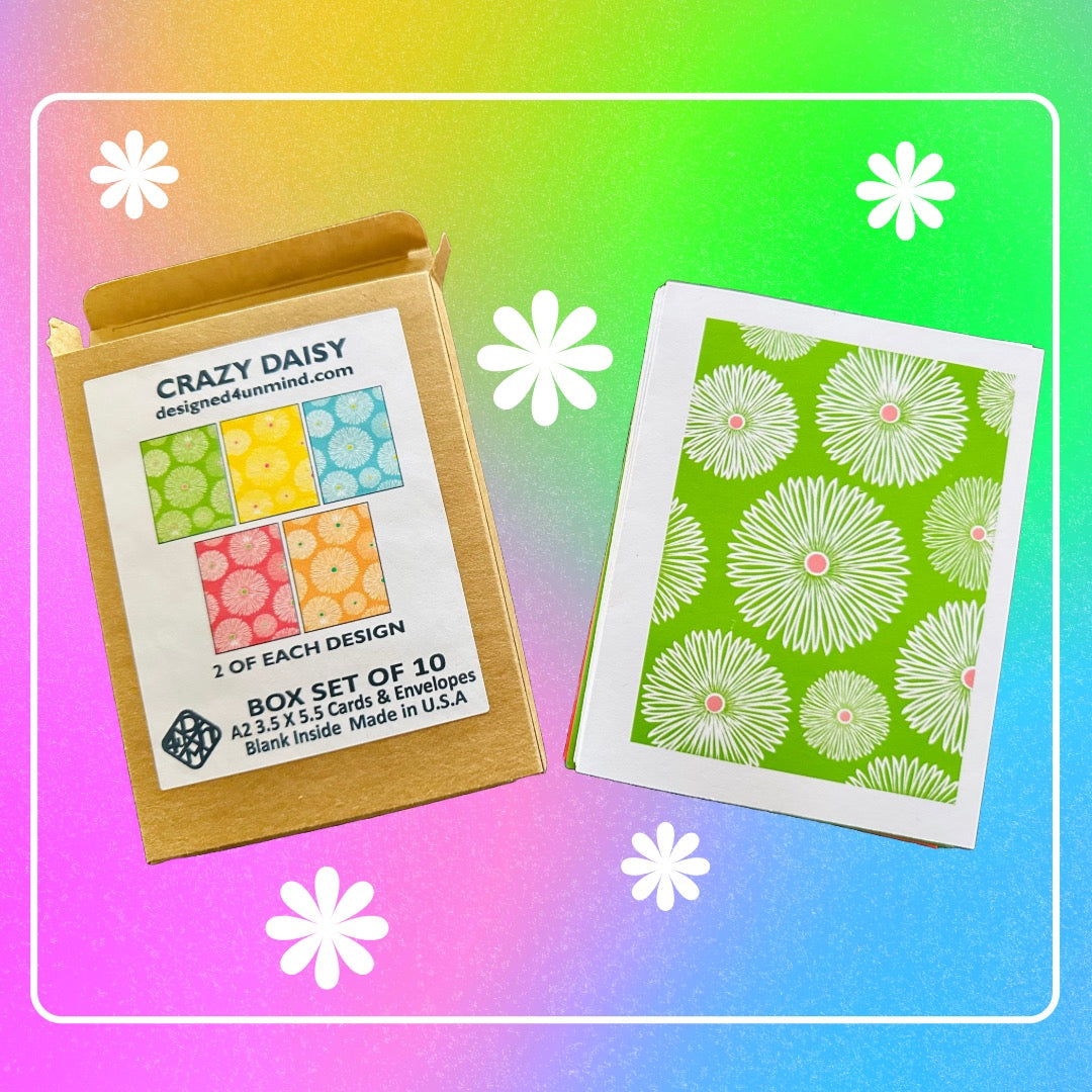 CRAZY DAISY Note Cards A2 5.5L X 4.25W size Modern & Colorful Stationery Cards Boxed set of 10