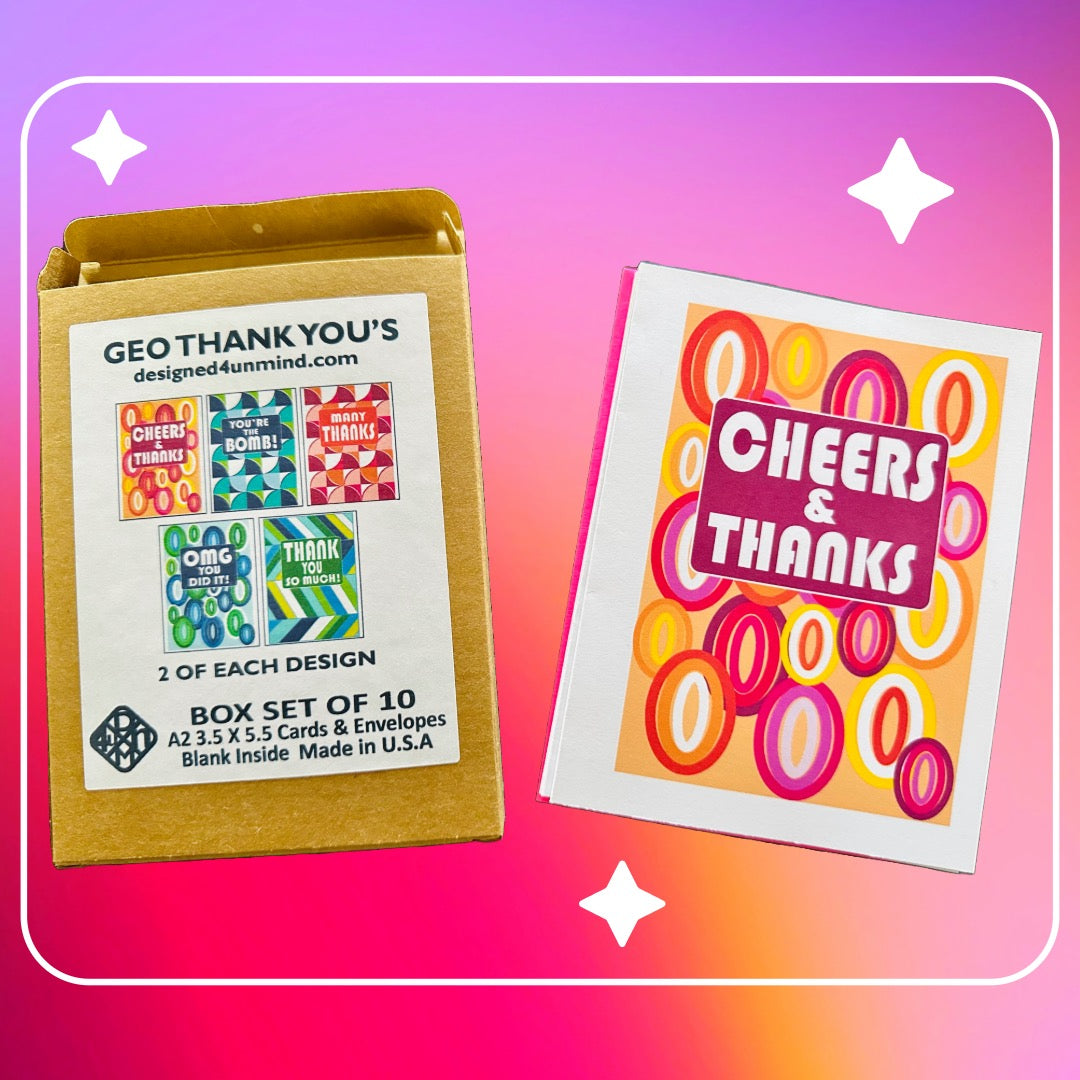 Mod Geometric THANK YOU Cards A2 size Colorful Many Thanks Notecards Boxed set of 10