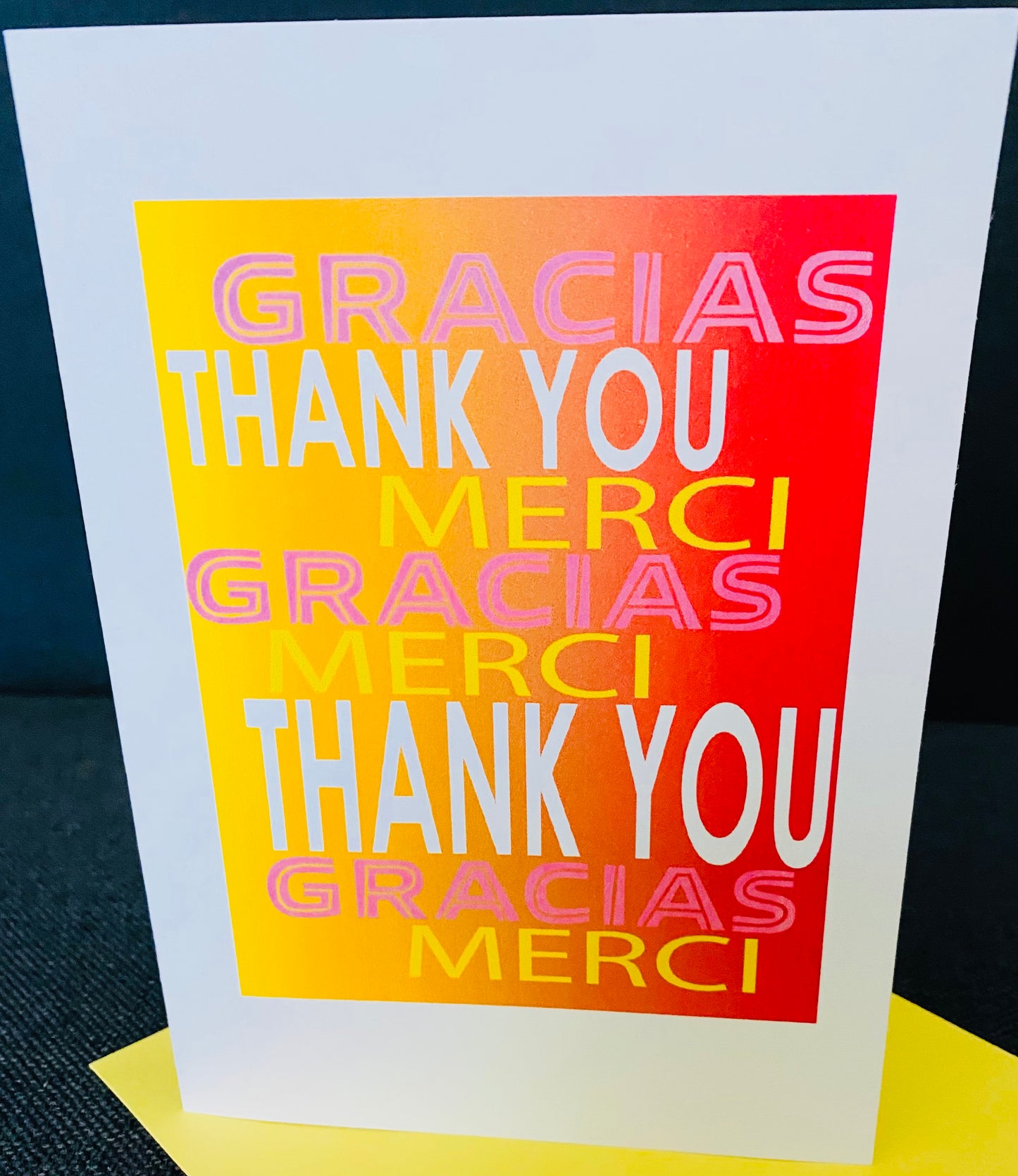Yellow MANY THANKS 5x7 Multi language boxed note card set of 10