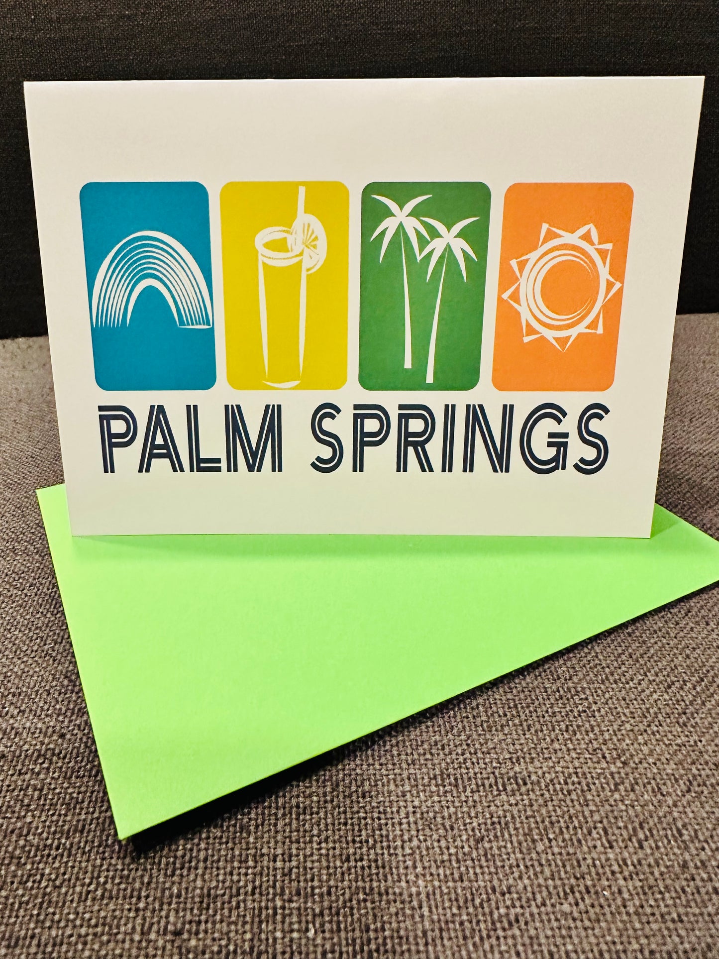 Greetings From PALM SPRINGS Note Card 5x7 sun palms cocktails and rainbows card