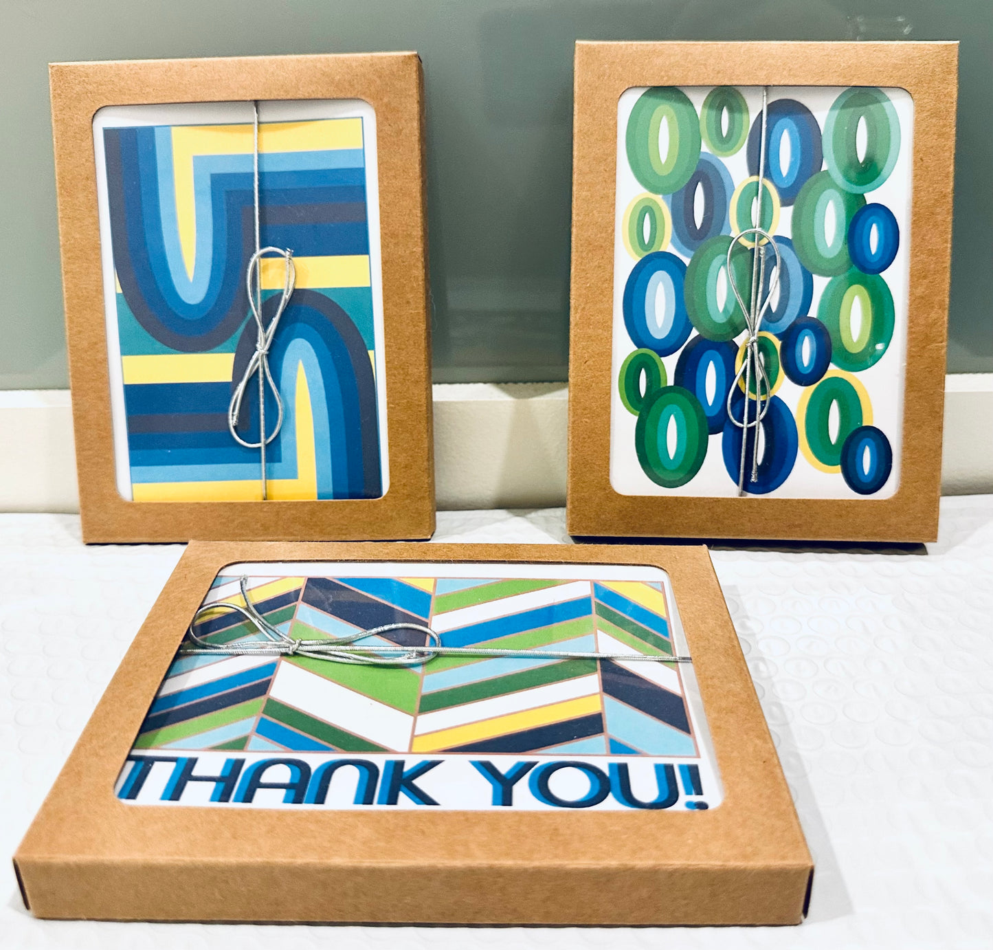 Yellow 70's ARCH A2/size Geometric boxed note card set of 10