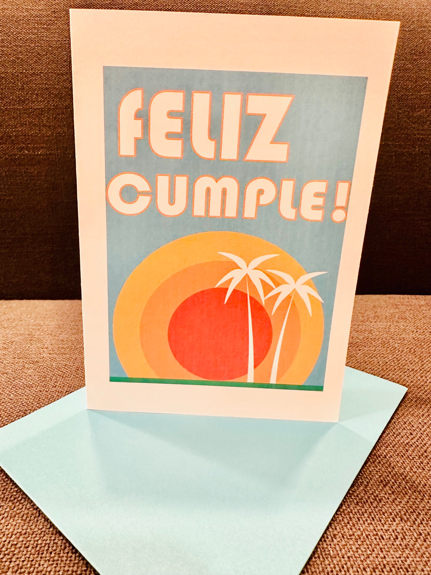 Happy B-Day & Feliz Cumple! 5x7 Tropical sunset Happy Birthday Card English & Spanish