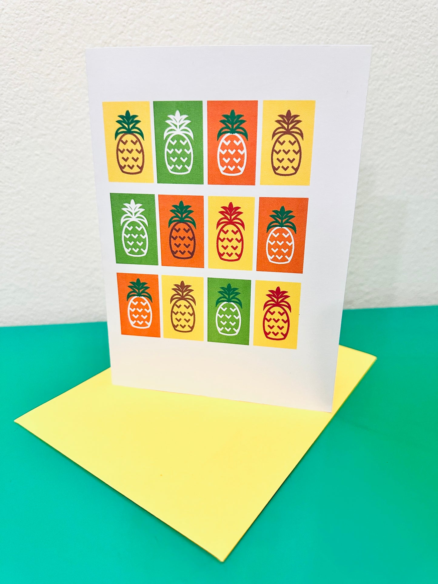 MANY PINAS blank inside Any occasion greeting card 5x7 fun multi pineapple motifs