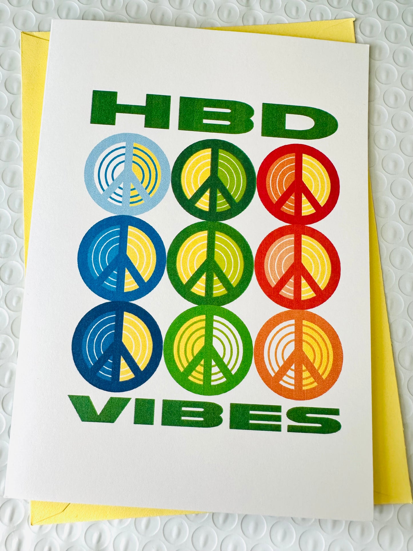 Happy Birthday & HBD Vibes! 70's inspired Peace Sign Greeting card 5x7