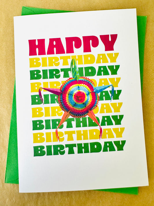 Happy Birthday & Feliz Cumpleanos! 5x7 Festive star piñata greeting card