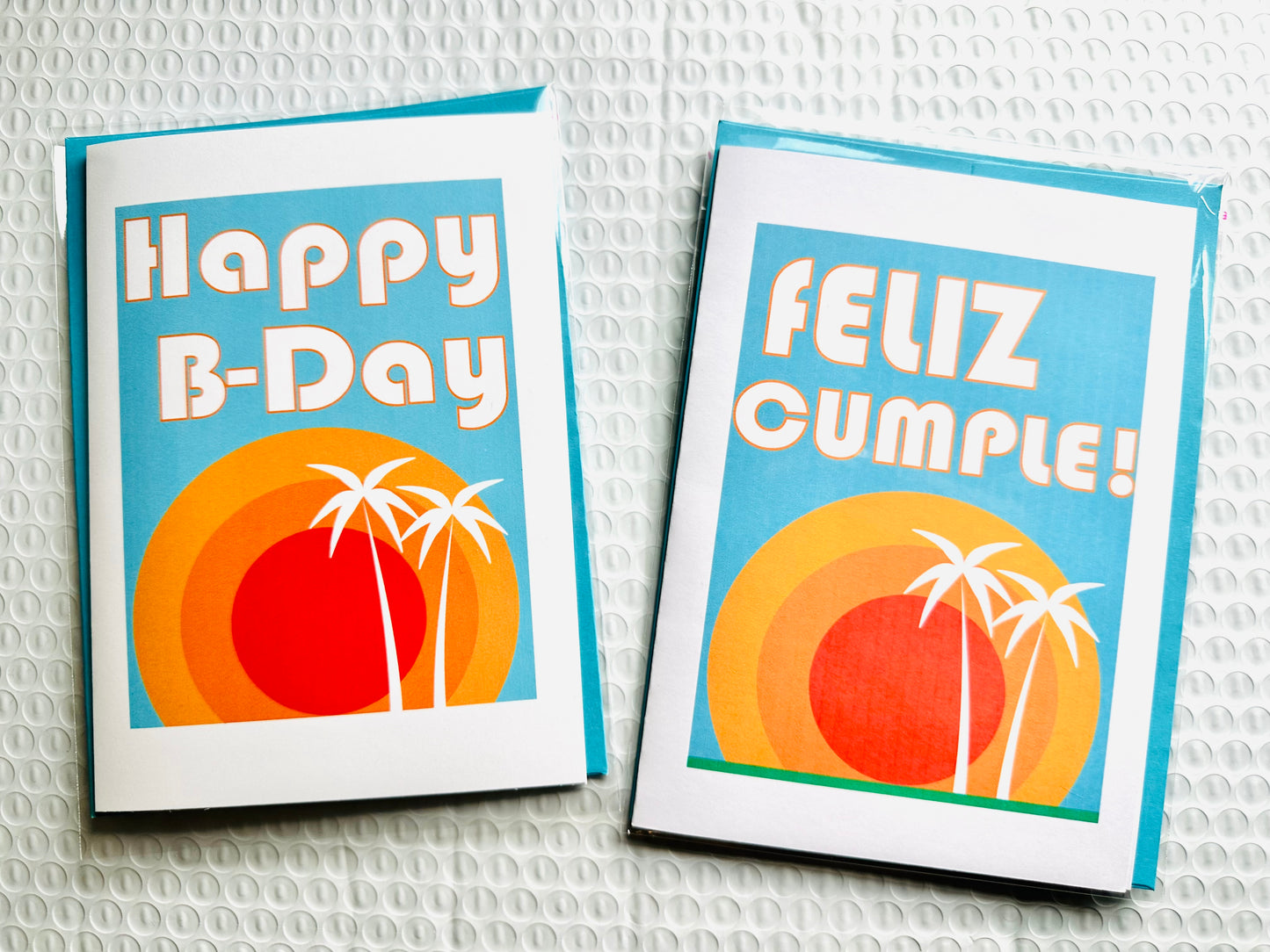 Happy B-Day & Feliz Cumple! 5x7 Tropical sunset Happy Birthday Card English & Spanish
