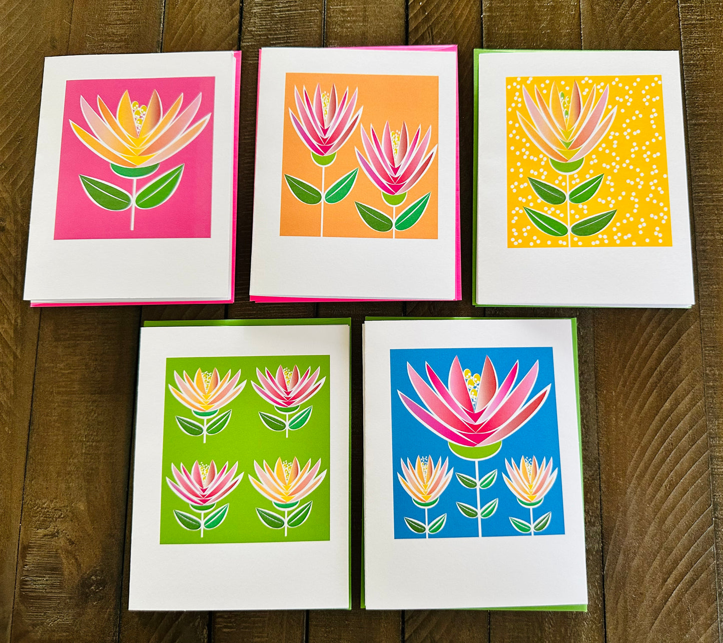 LOTUS FLOWER Note Cards A2 size Bold Floral Modern & Colorful Stationery Boxed set of 10