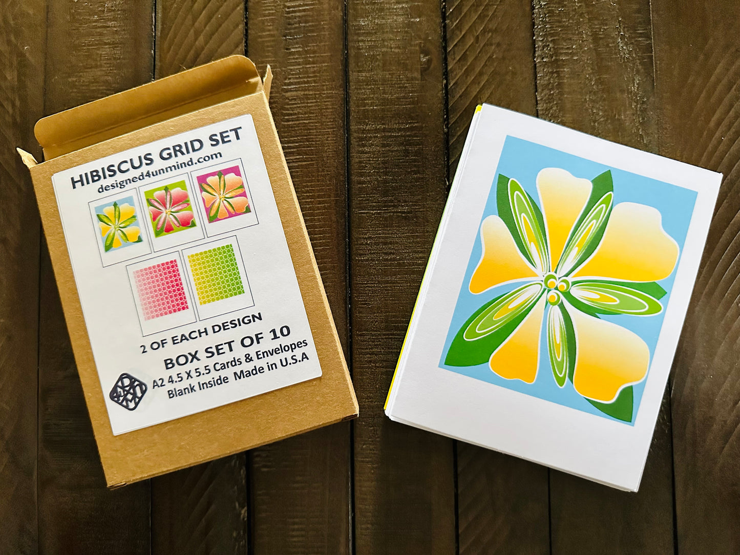 HIBISCUS GRID FLOWER Note Cards A2 size Bold Floral Modern & Colorful Stationery Boxed set of 10