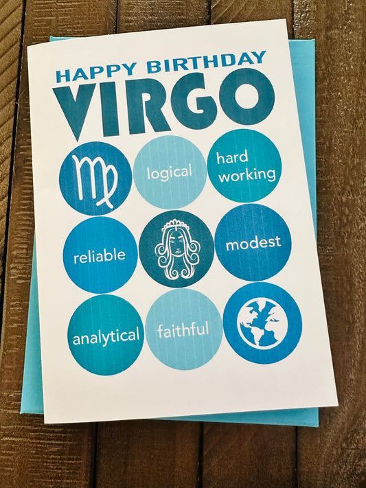 VIRGO HAPPY BIRTHDAY Modern Astrology Greeting Card with signs traits