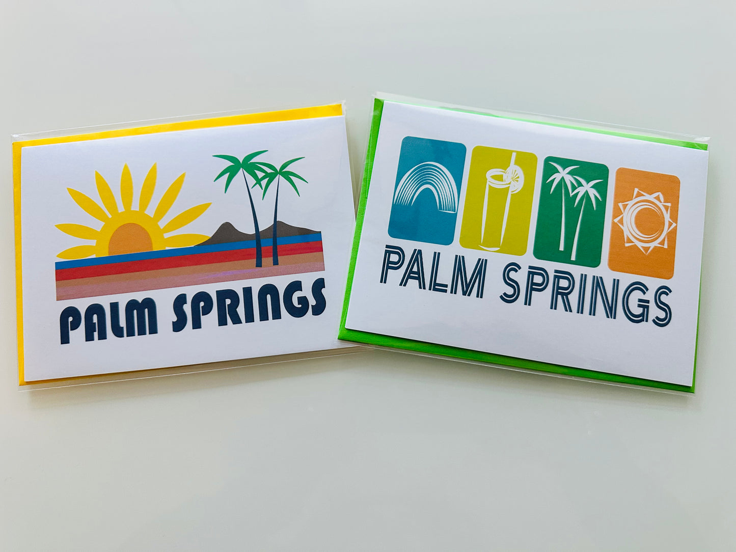 Greetings From PALM SPRINGS Note Card 5x7 sun palms cocktails and rainbows card
