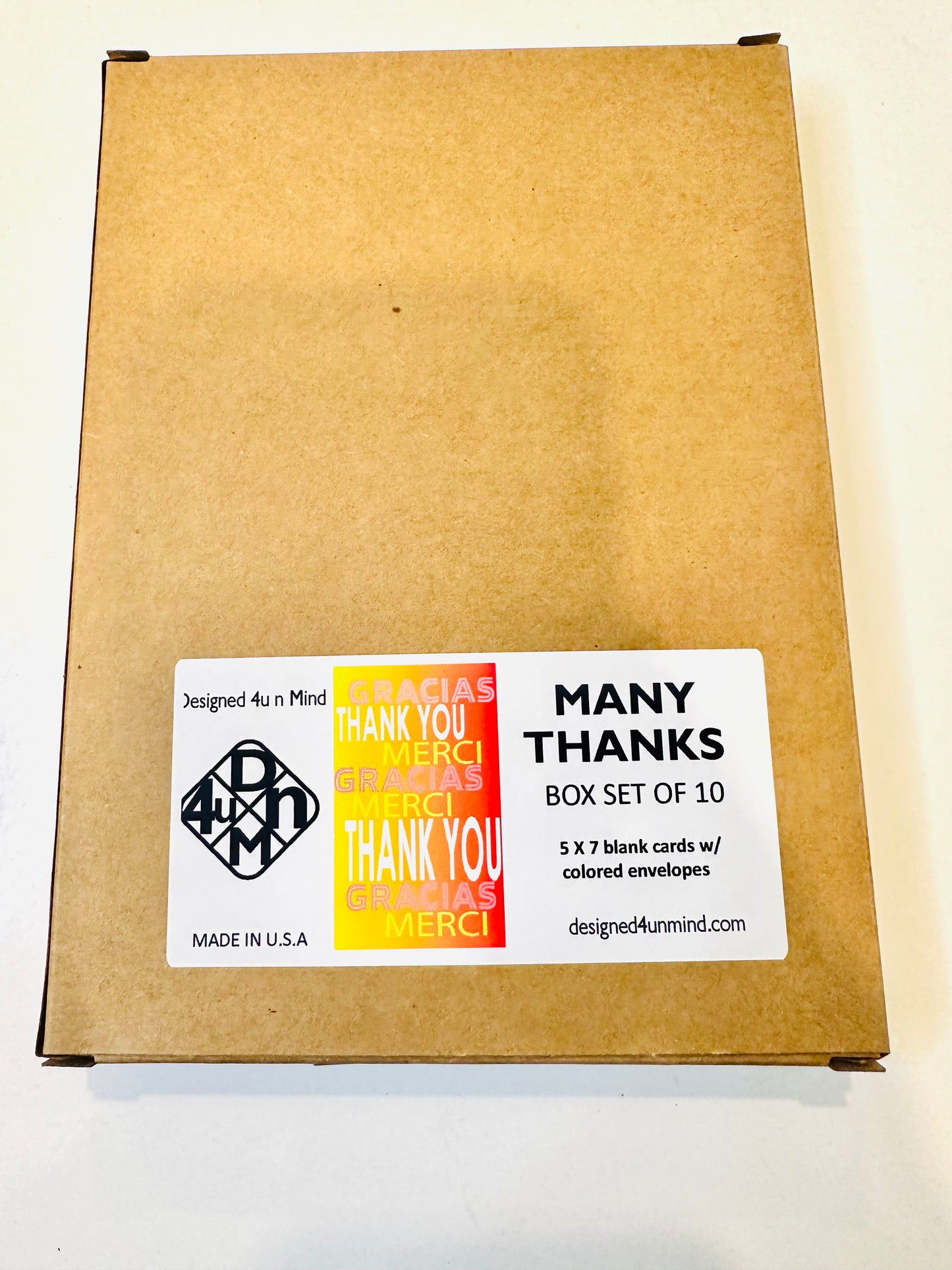 Yellow MANY THANKS 5x7 Multi language boxed note card set of 10