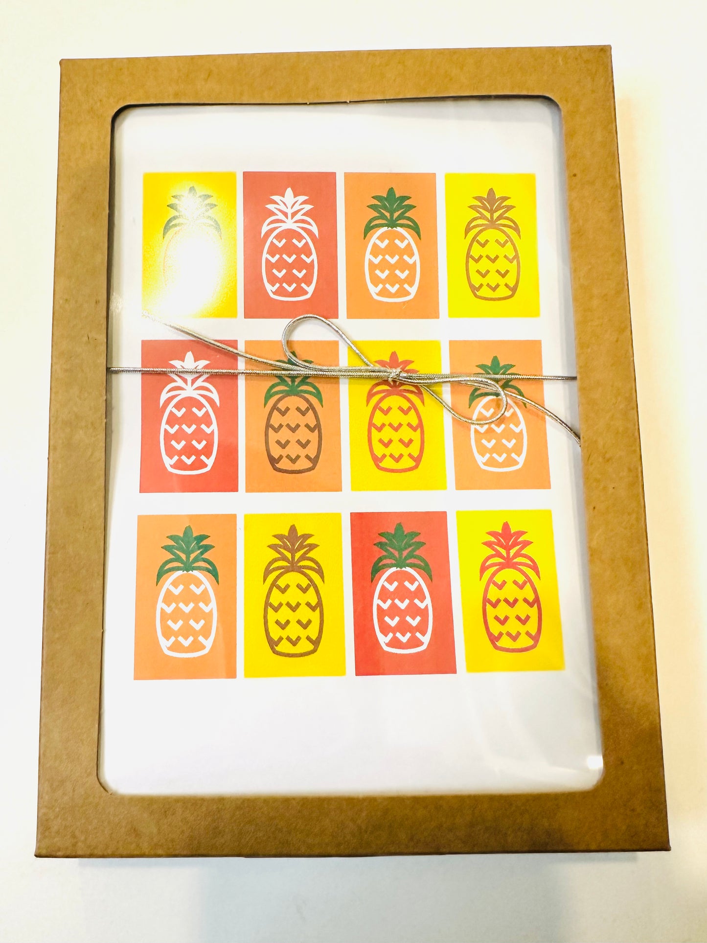 Yellow MANY PINAS Pineapples 5X7 boxed note card set of 10