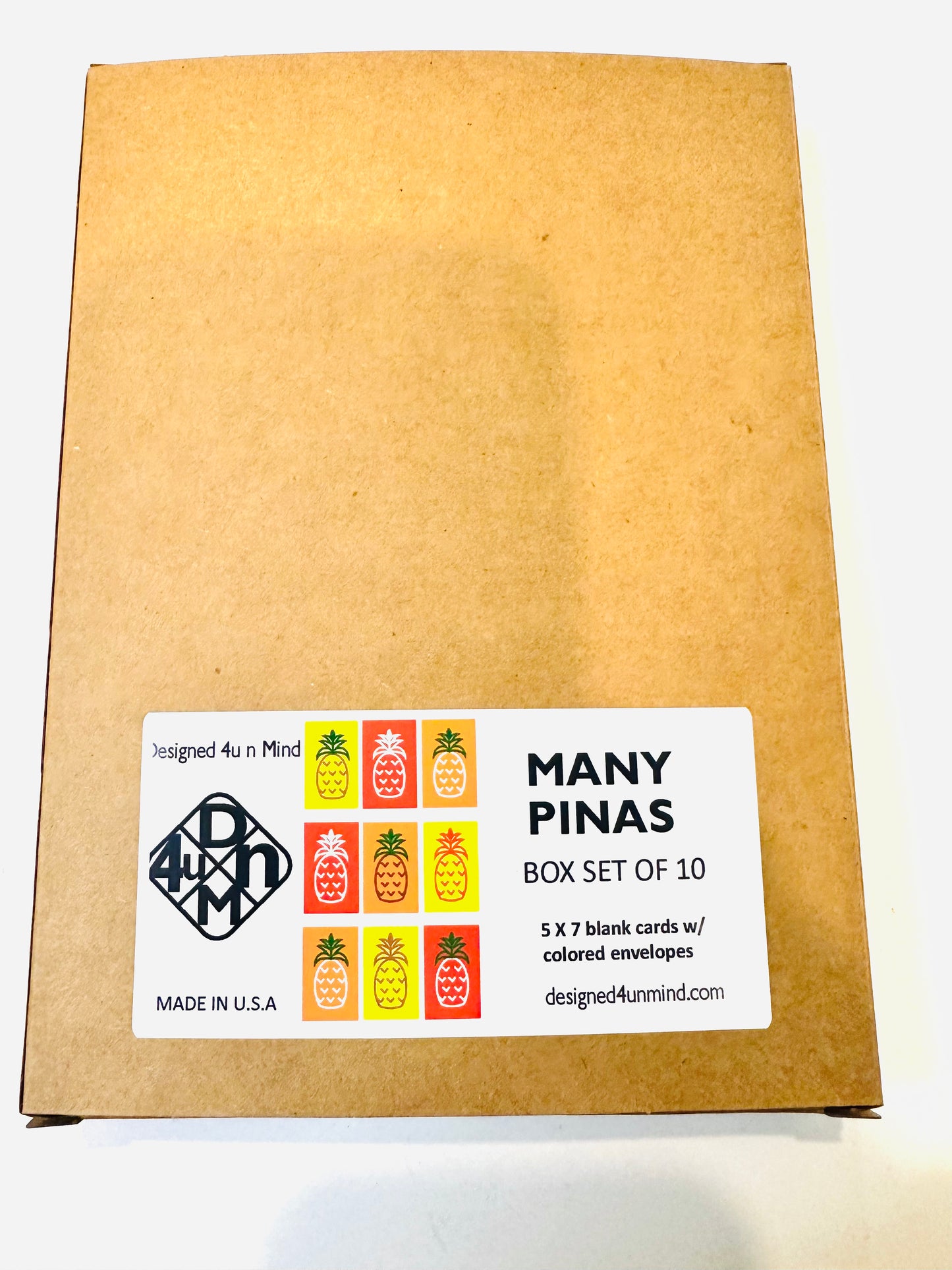Yellow MANY PINAS Pineapples 5X7 boxed note card set of 10