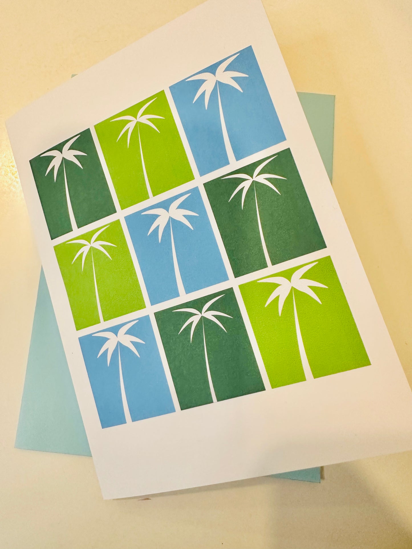 Green & Blue PALM TREE Stationery 5X7 Geometric boxed note card set of 10