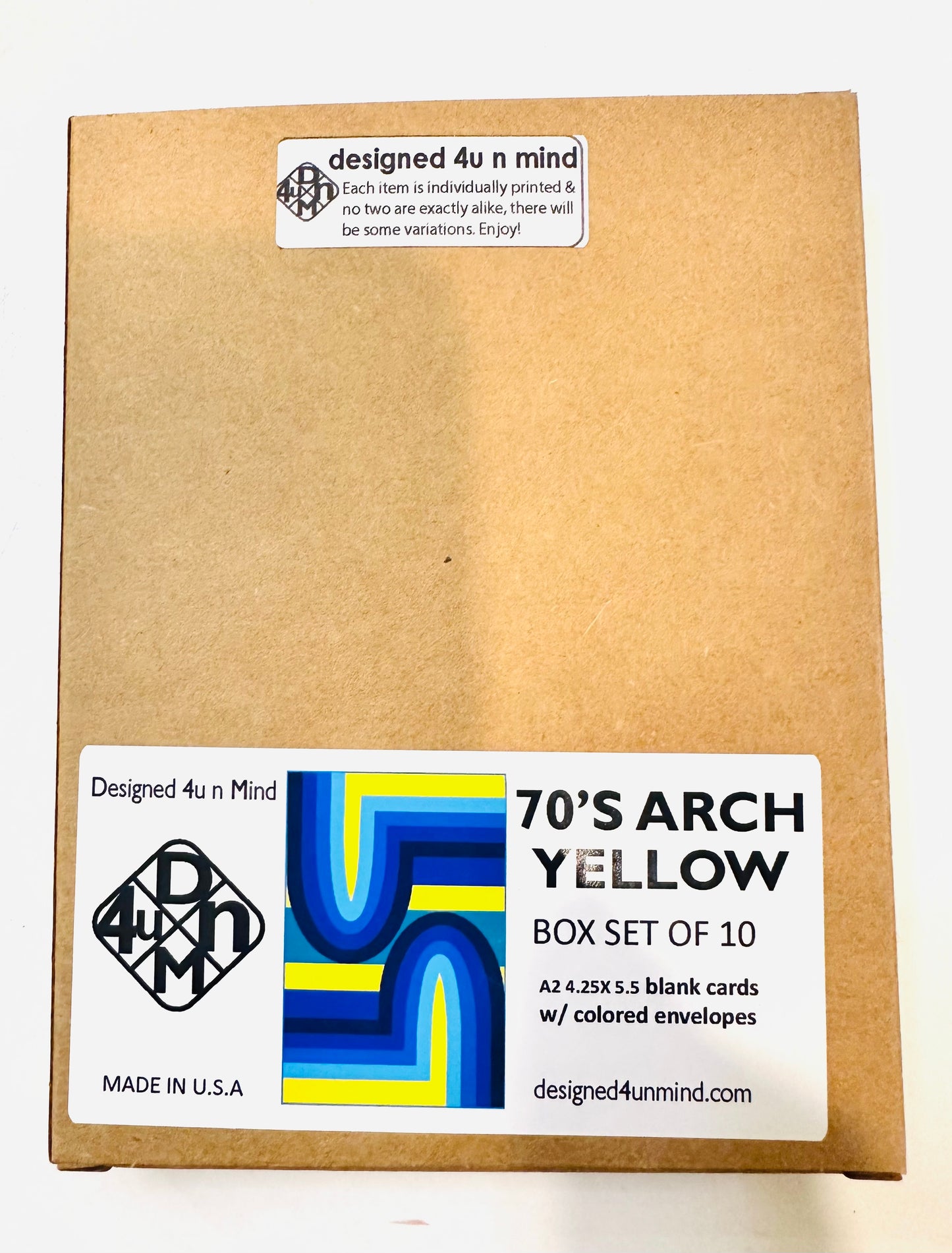 Yellow 70's ARCH A2/size Geometric boxed note card set of 10
