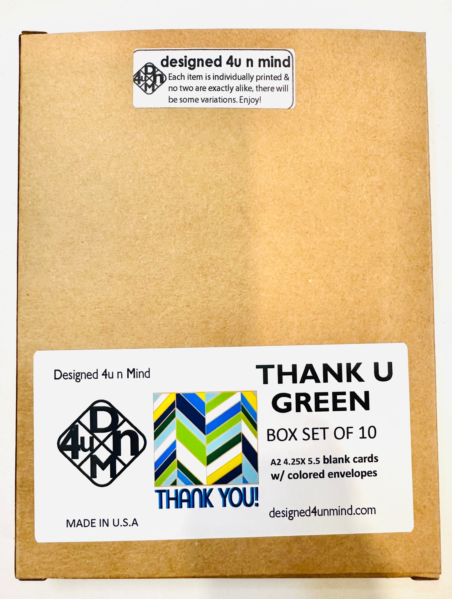 Green Chevon Thank you cards A2 size boxed note card set of 10