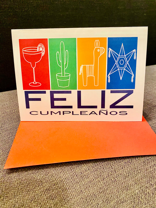 FELIZ CUMPLEANOS Spanish Happy Birthday Card 5x7 celebrate with margarita & piñata