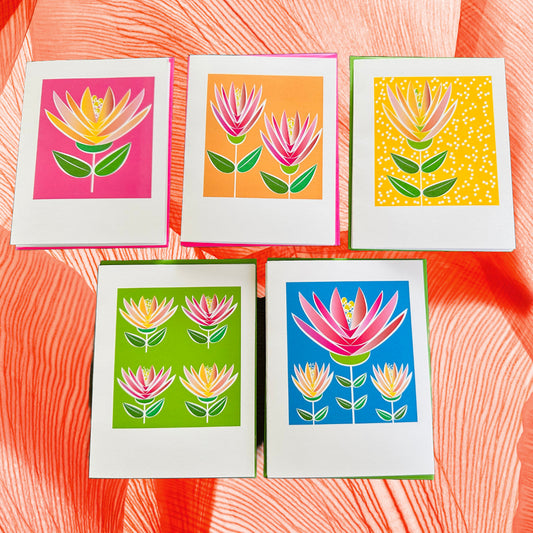 LOTUS FLOWER Note Cards A2 size Bold Floral Modern & Colorful Stationery Boxed set of 10