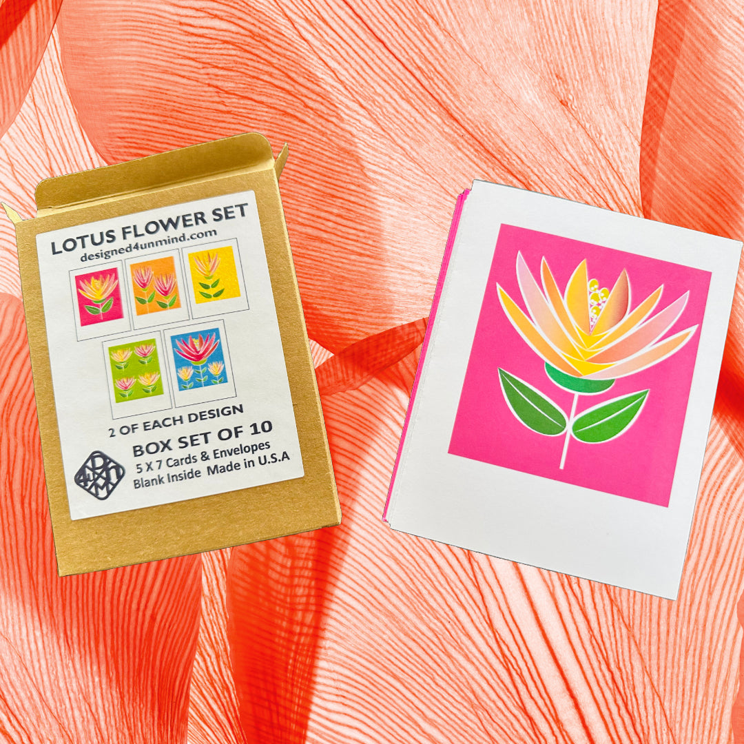 LOTUS FLOWER Note Cards A2 size Bold Floral Modern & Colorful Stationery Boxed set of 10