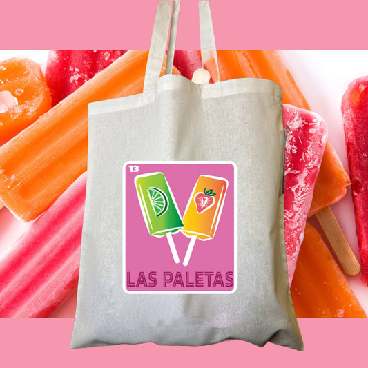 LAS PALETAS Mexican Loteria Tote Bag Cotton Reusable Shopping, Pool or Beach bag
