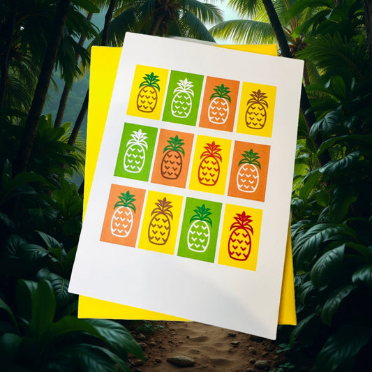 MANY PINAS blank inside Any occasion greeting card 5x7 fun multi pineapple motifs