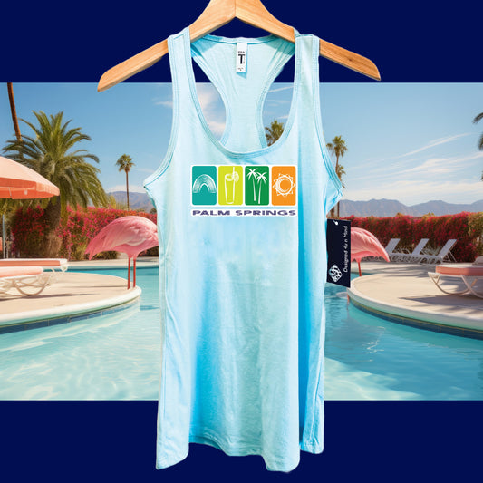 Blue Palm Springs Icon's Graphic Tank Top Women's Relaxed Lt Wt Cotton poly blend