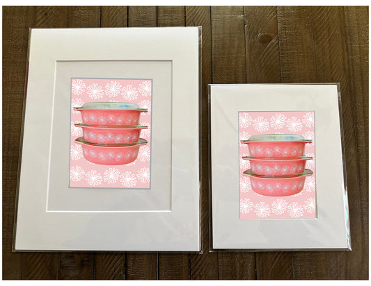 PYREX Vintage PINK DAISY Dish pattern Printed Artwork Home Decor