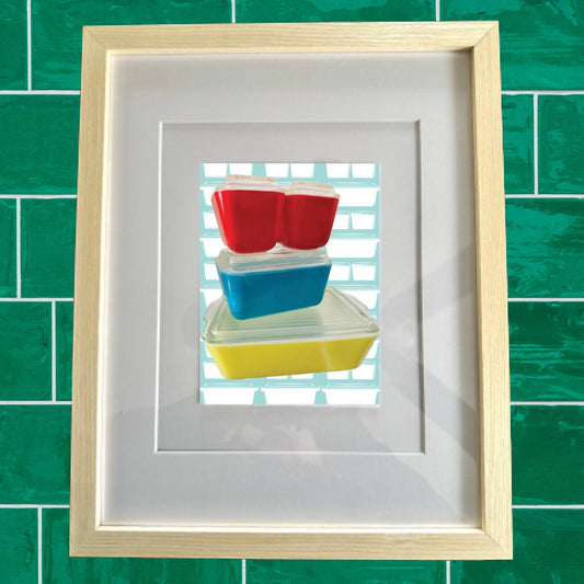 PYREX Vintage PRIMARY REFRIGERATOR DISHES Printed Artwork Home Decor