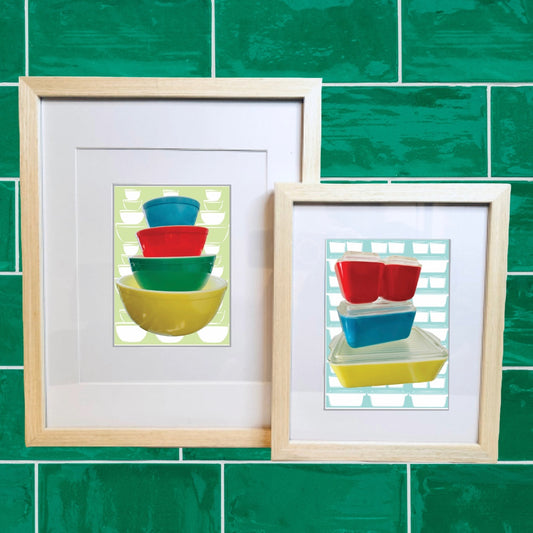 PYREX Vintage PRIMARY REFRIGERATOR DISHES Printed Artwork Home Decor