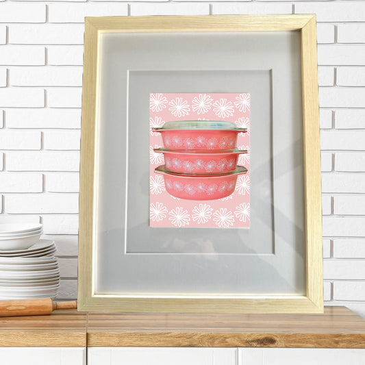 PYREX Vintage PINK DAISY Dish pattern Printed Artwork Home Decor