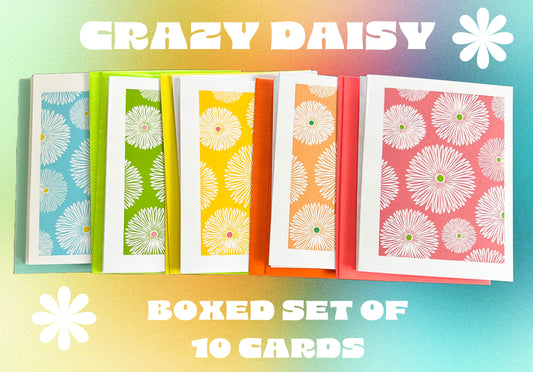 CRAZY DAISY Note Cards A2 5.5L X 4.25W size Modern & Colorful Stationery Cards Boxed set of 10