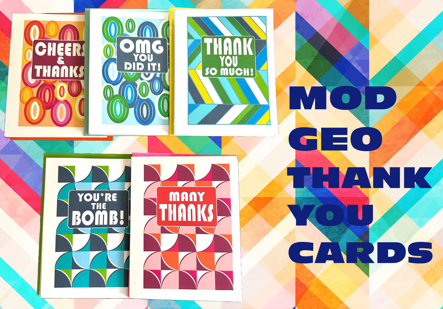 Mod Geometric THANK YOU Cards A2 size Colorful Many Thanks Notecards Boxed set of 10