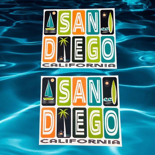 SAN DIEGO California Stickers, Surfing, Beaches, Sunsets, Glossy Vinyl Decals