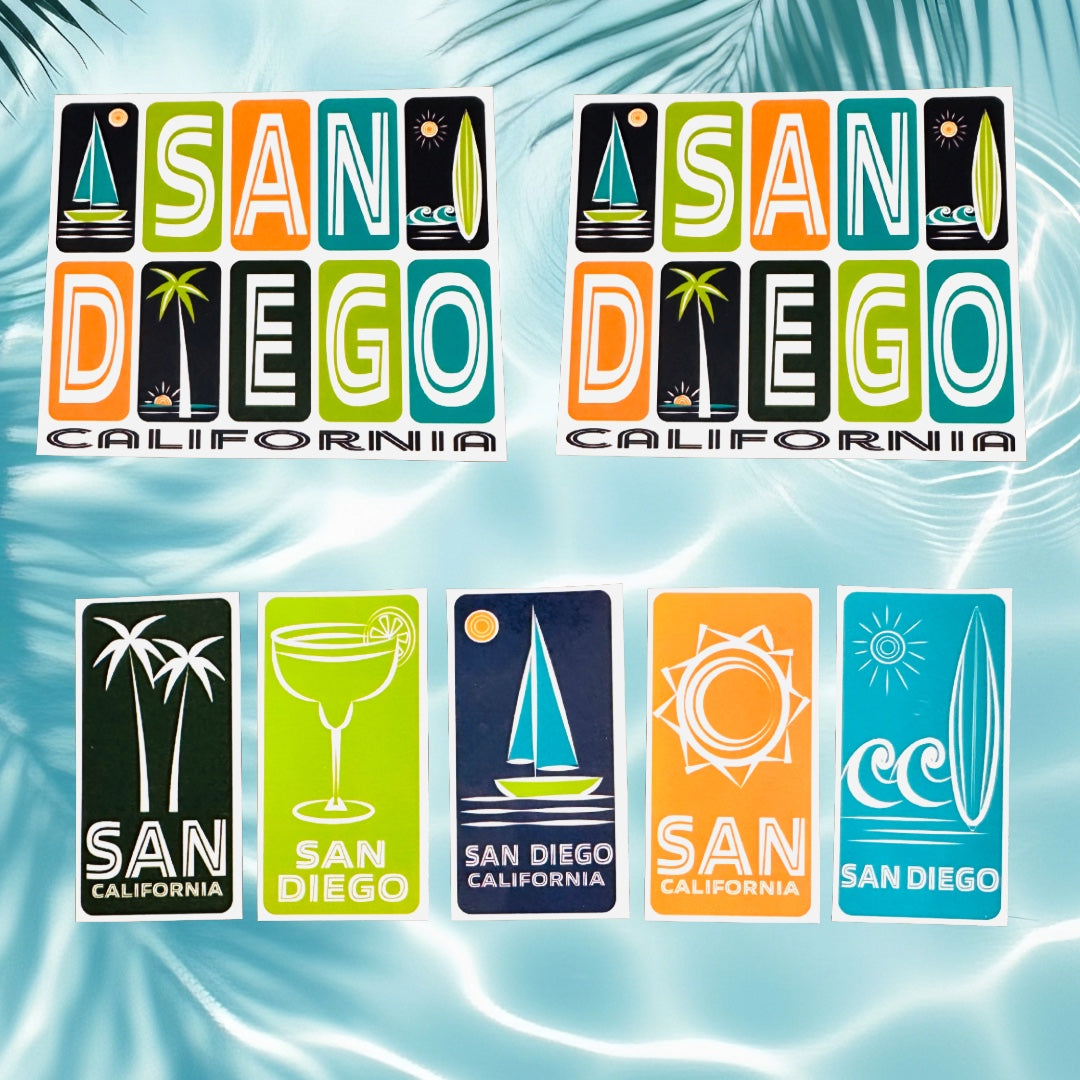SAN DIEGO California Stickers, Surfing, Beaches, Sunsets, Glossy Vinyl Decals