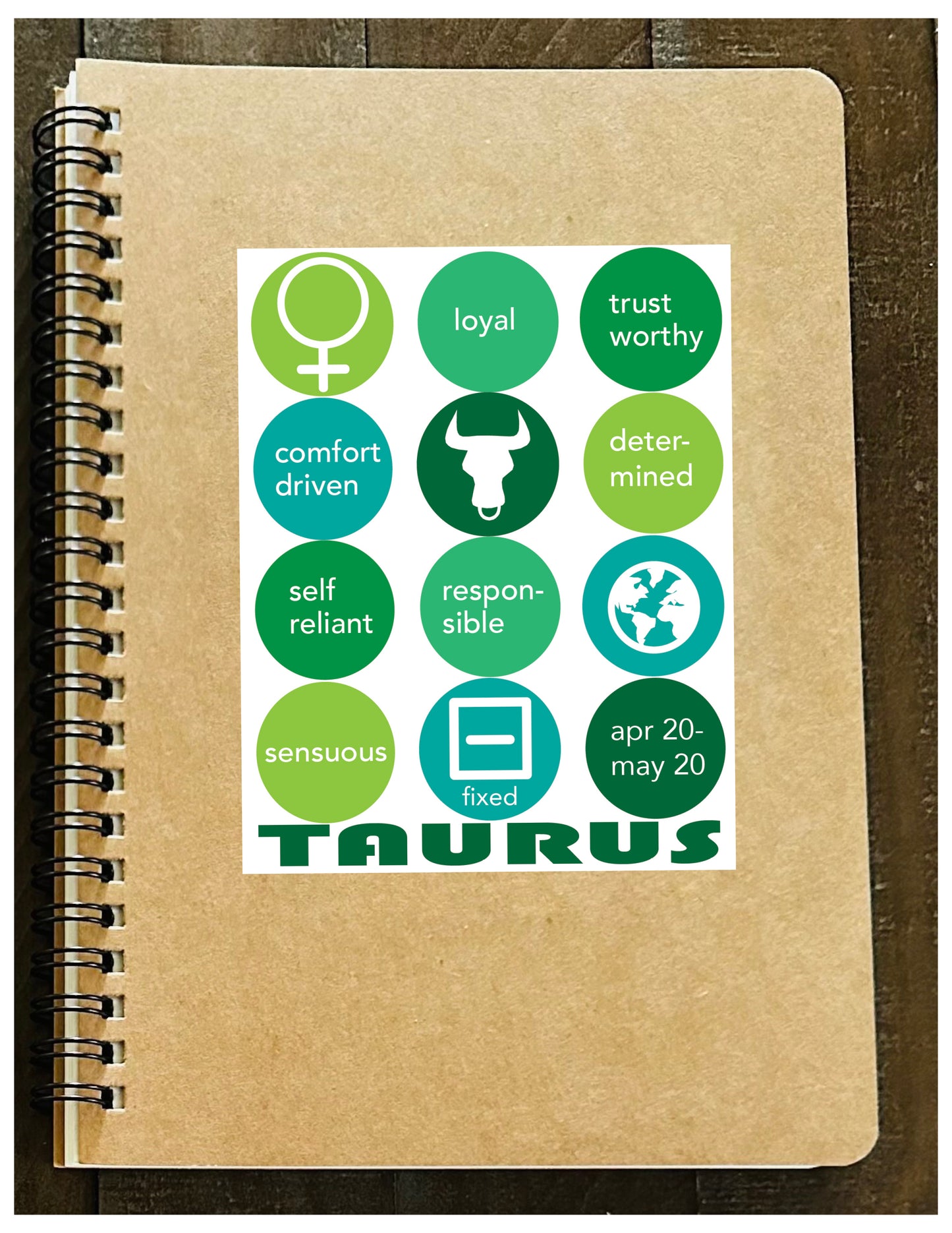 TAURUS Astrology Traits & Symbols Spiral Kraft A5 Notebook