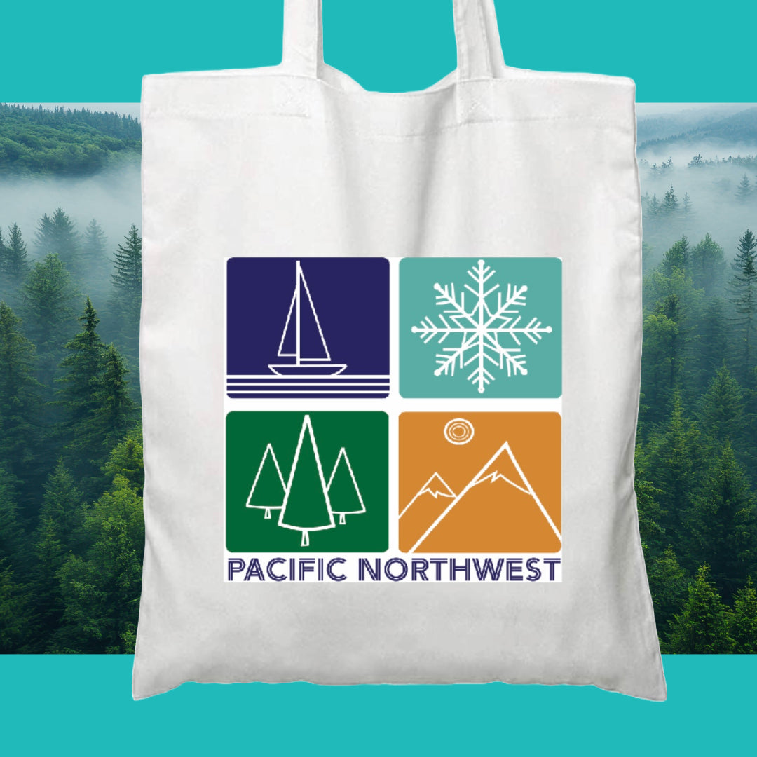 White PACIFIC NORTHWEST Graphic Icons Unisex Cotton Reusable Tote Bag