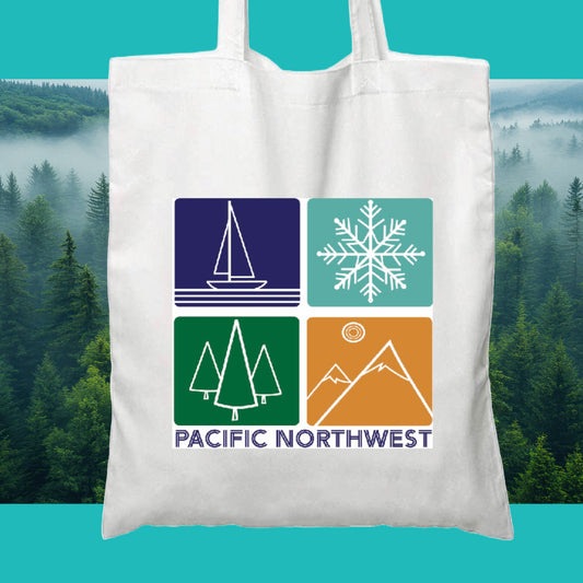 White PACIFIC NORTHWEST Graphic Icons Unisex Cotton Reusable Tote Bag