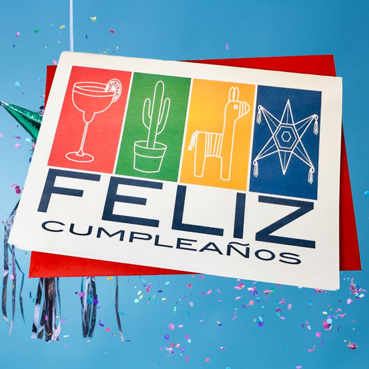 FELIZ CUMPLEANOS Spanish Happy Birthday Card 5x7 celebrate with margarita & piñata