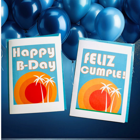 Happy B-Day & Feliz Cumple! 5x7 Tropical sunset Happy Birthday Card English & Spanish