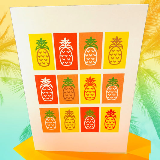 Yellow MANY PINAS Pineapples 5X7 boxed note card set of 10