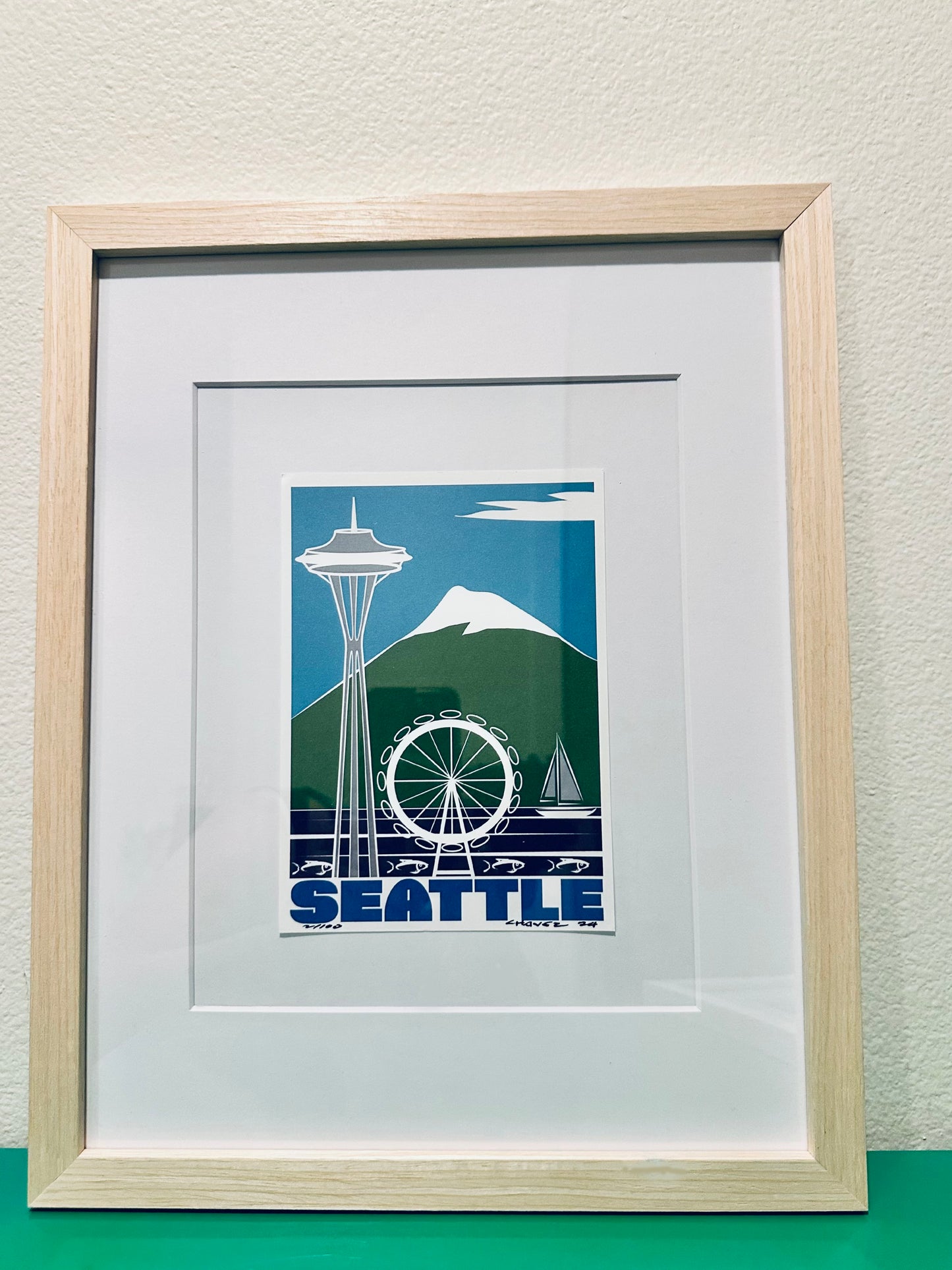 SEATTLE Wheel & Iconic LANDMARKS Framed Printed Artwork Home Decor