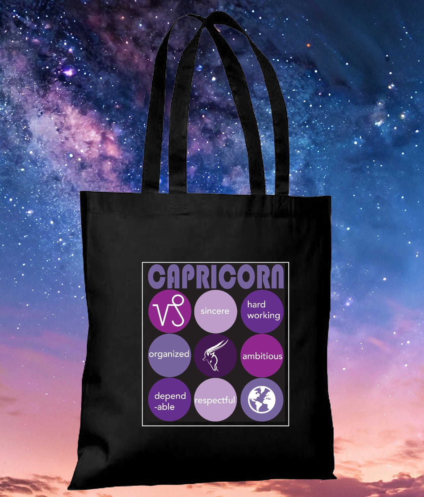 Black CAPRICORN Astrology Unisex Cotton Reusable Tote Bag