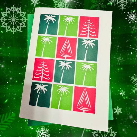 Tropical Tree Squares Geometric Holiday Boxed Christmas card set of 10