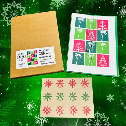 Tropical Tree Squares Geometric Holiday Boxed Christmas card set of 10