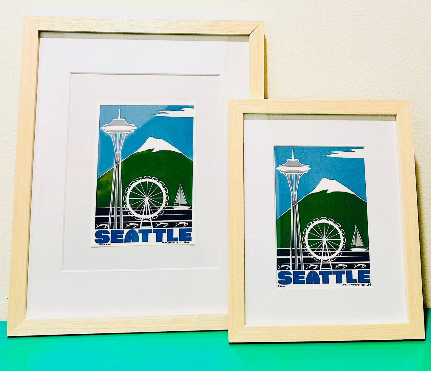 SEATTLE Wheel & Iconic LANDMARKS Framed Printed Artwork Home Decor