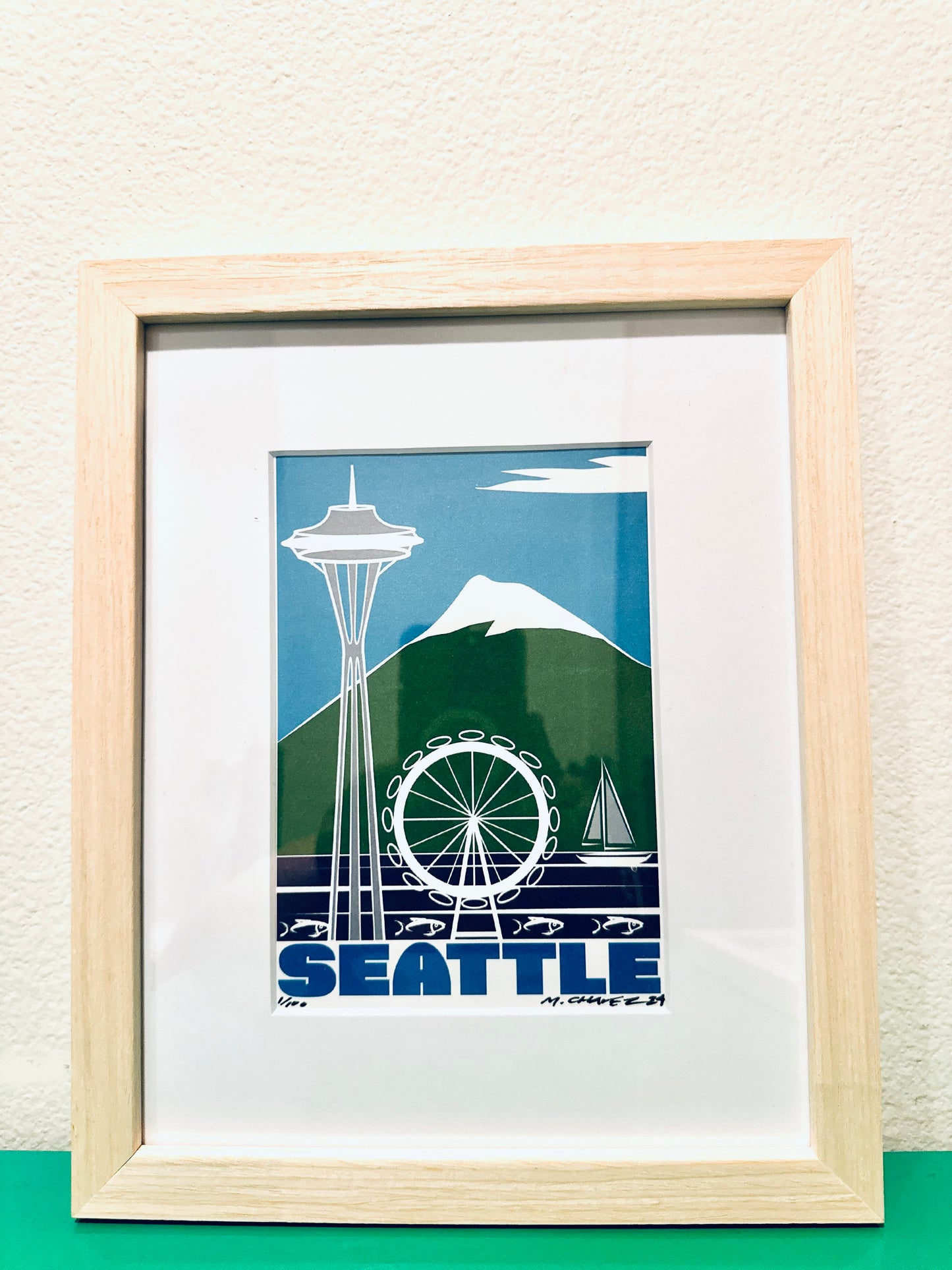 SEATTLE Wheel & Iconic LANDMARKS Framed Printed Artwork Home Decor